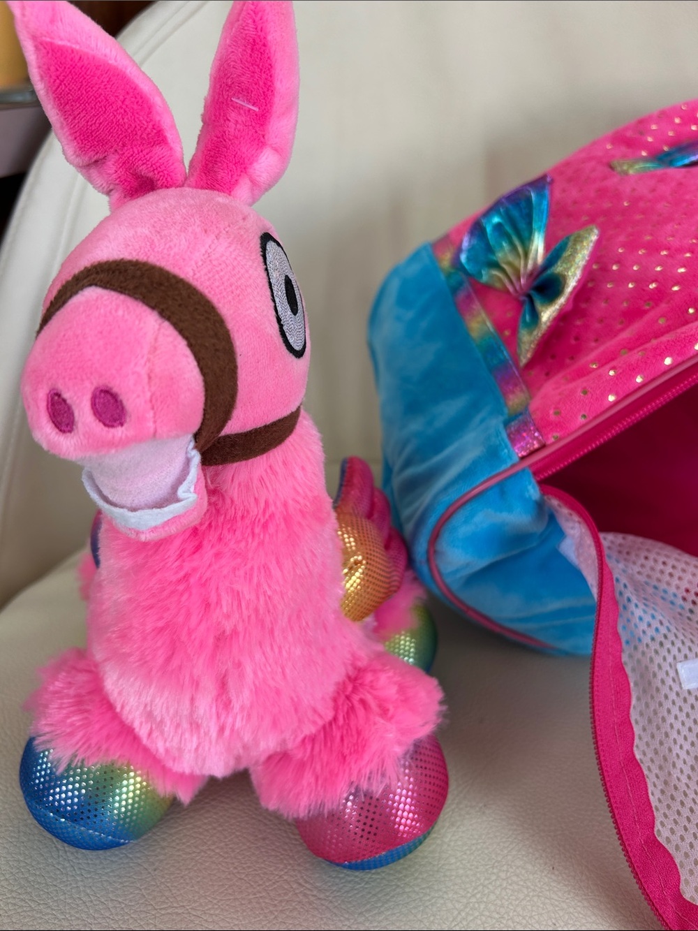 Plush Pink Llama with Plush Pet Carrier